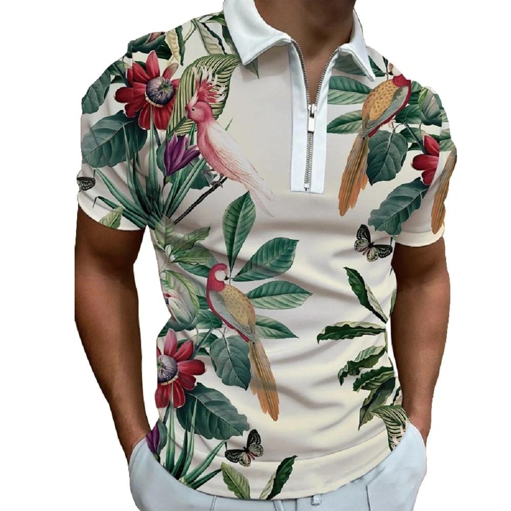 Personalized Street Flower Print Short-sleeved Lapel Zipper Polo Shirt for Men, Fashionable and Breathable Summer Men's Clothing