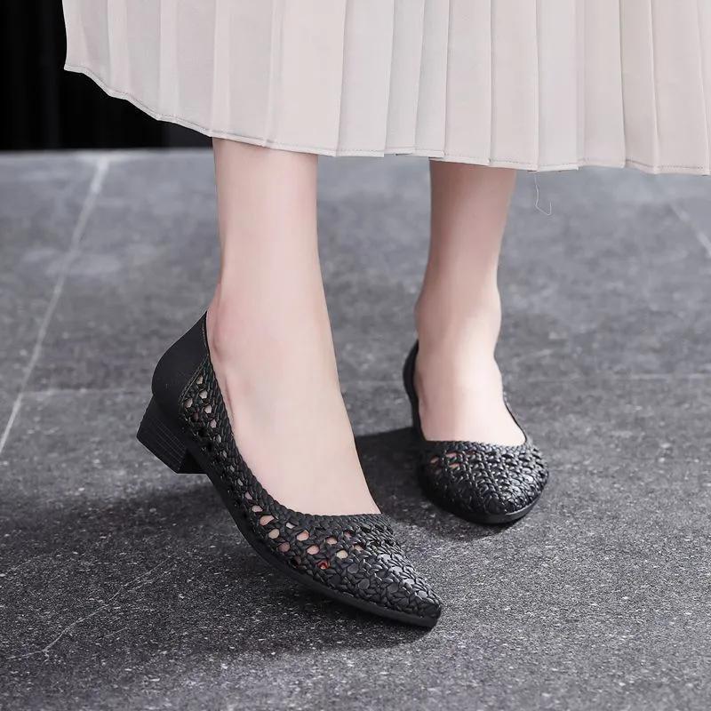 WTEMPO Pointed Toe Spring Summer Large Size Solid Color Single Shoes Women's Low Thick Heel Anti Slip Casual Work Shoes