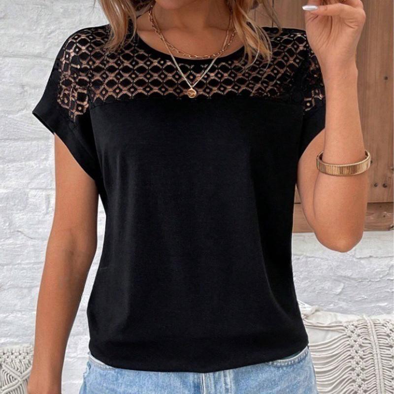 Ladies Summer Short Sleeve O Neck Lace Splice Solid Color Jacquard Pullover Hollow T Shirt Top