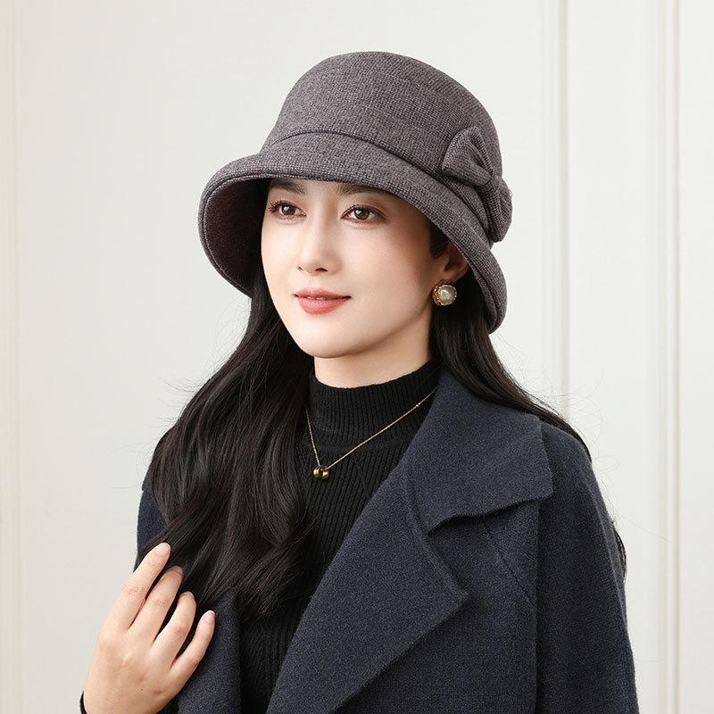 New Women's Woolen Basin Hat Elegant Bow Fisherman Hat Autumn and Winter Thermal Hat