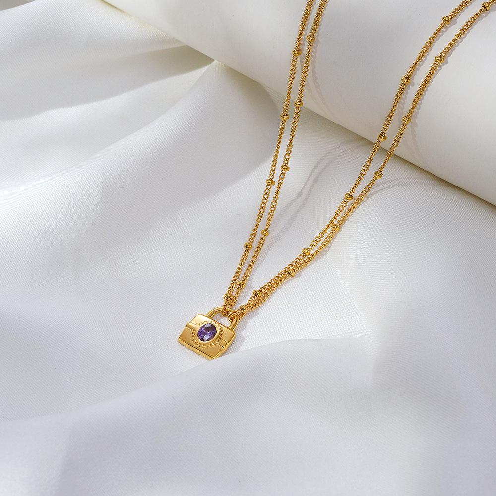 Minimalist Purple Diamond Padlock Pendant Necklace - Stainless Steel Double-Layer Clavicle Chain for Women