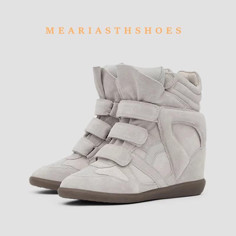 

Жіночі шкіряні кросівки хай-топи на липучках, повсякденне спортивне взуття, внутрішнє збільшення висоти 8 см, осінь, новий стиль, круглий носок, гумова підошва 38