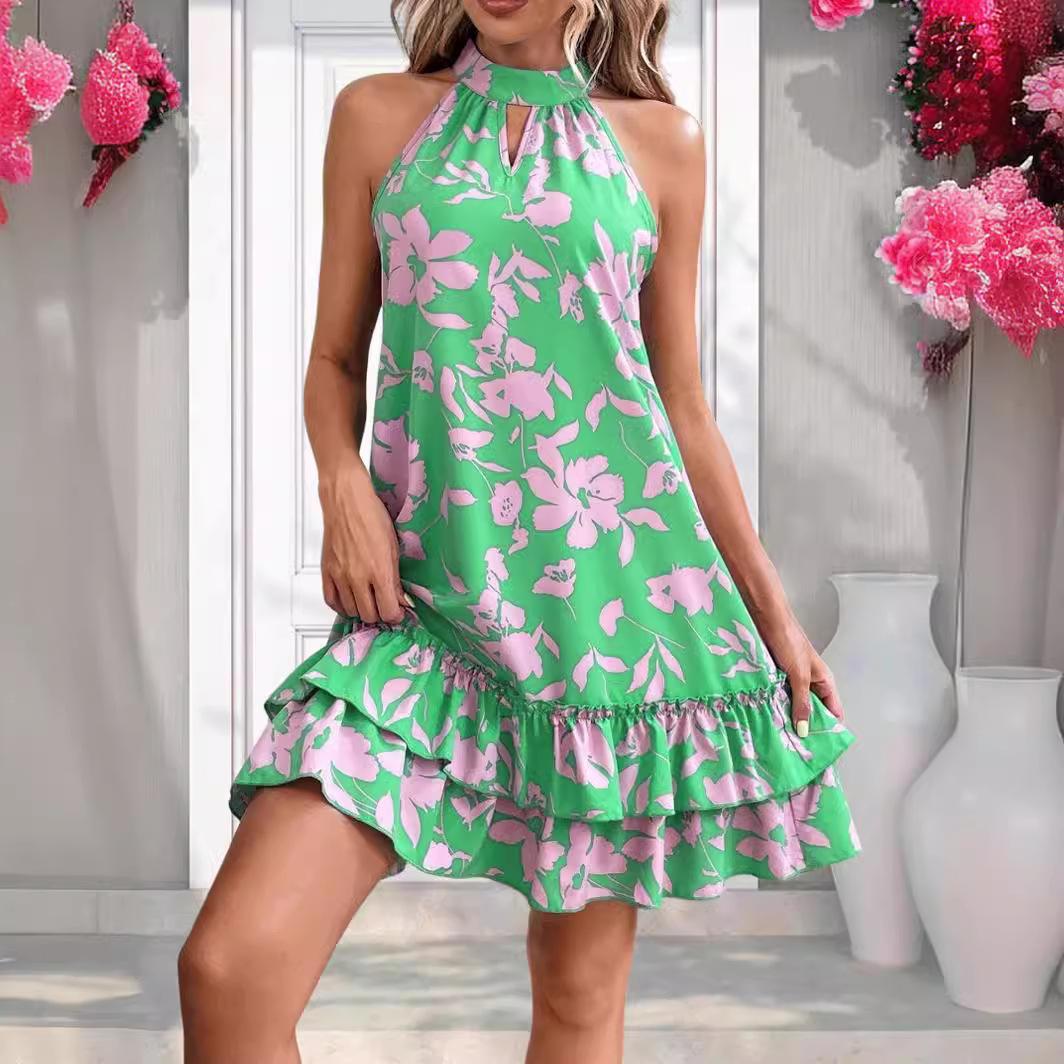 New printed neck strap slim fit sweet ruffle edge sleeveless dress S зелёный