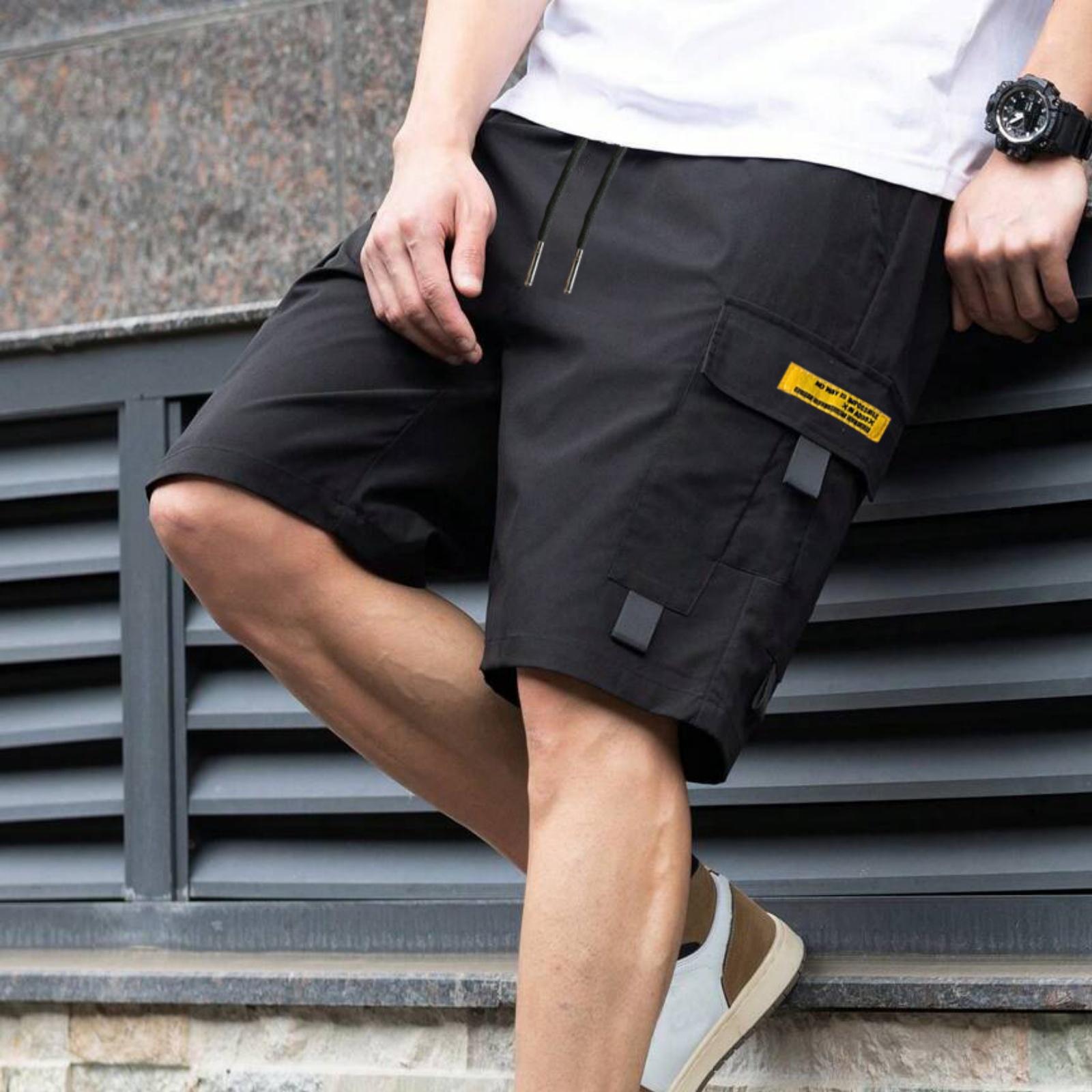 

Мужские повседневные и модные легкие спортивные шорты на шнуровке - Мужские рабочие брюки с множеством карманов L чёрный