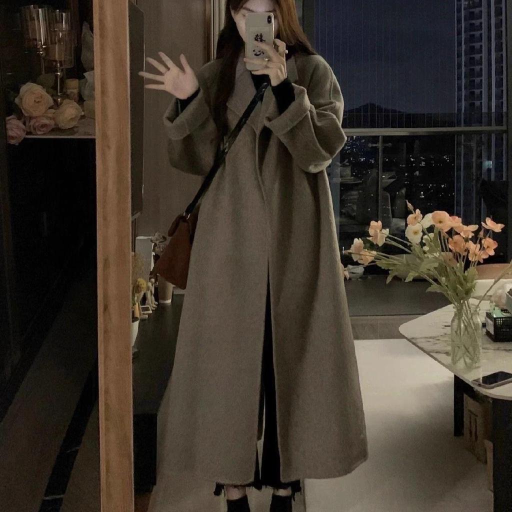 Women's Plus Size Hepburn Wool Coat: Winter Long Over-the-Knee, Loose Slimming Design (2-300 Jin)