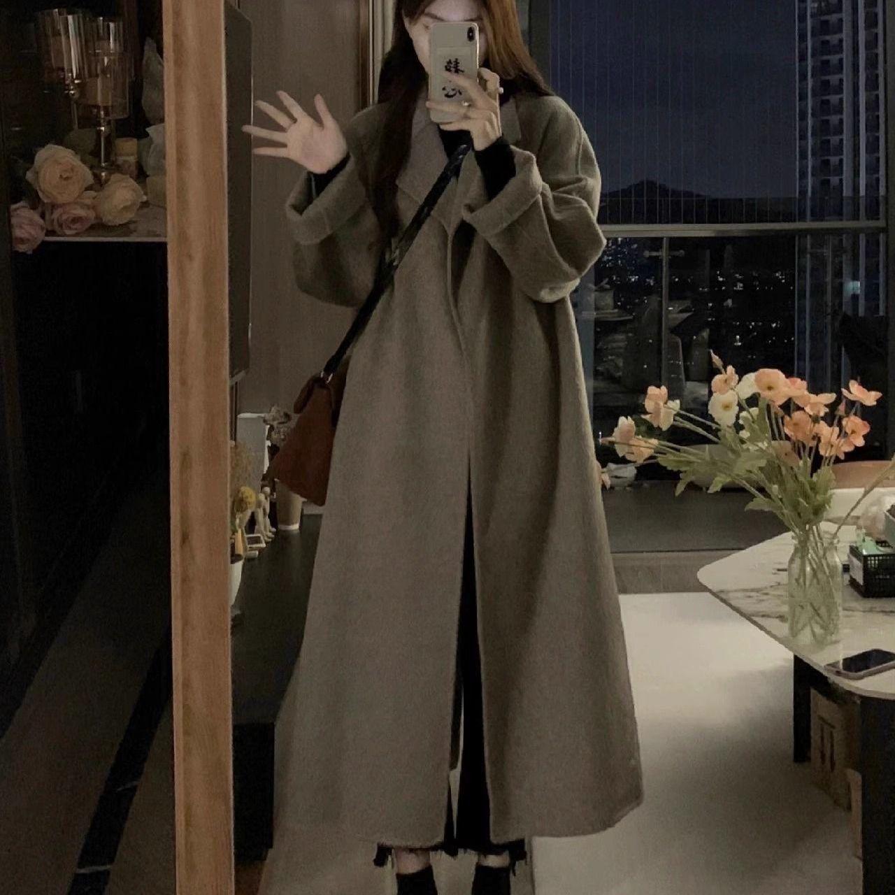 

Women s Plus Size Hepburn Wool Coat: Winter Long Over-the-Knee, Loose Slimming Design (2-300 Jin) L: 80-110 Jin