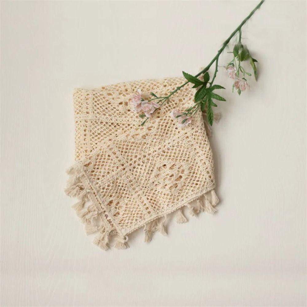 

Vintafe Beige Tassel Blanket Cotton Photography Swaddle Basket Filler Lace Blanket Newborn