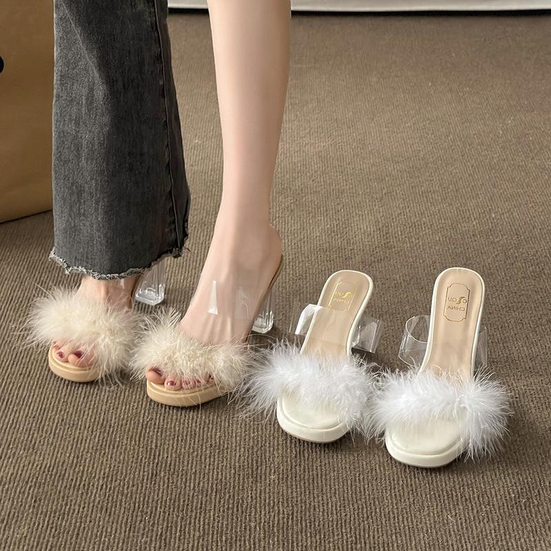 Fairy Wind Fluffy Slippers Female Summer Wear 2024 New Internet Celebrity Thick Heel One-word Drag Crystal High Heel Cool Slippers