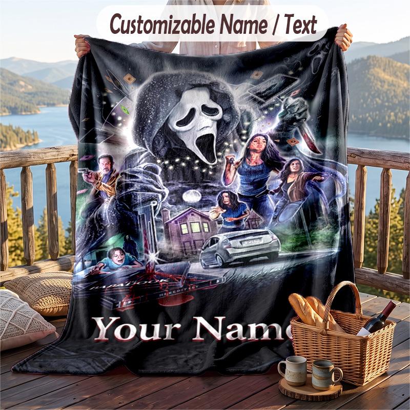Custom Text Flannel Throw Blanket, Lightweight Cozy Bed Sofa BlanketScream Ghostface