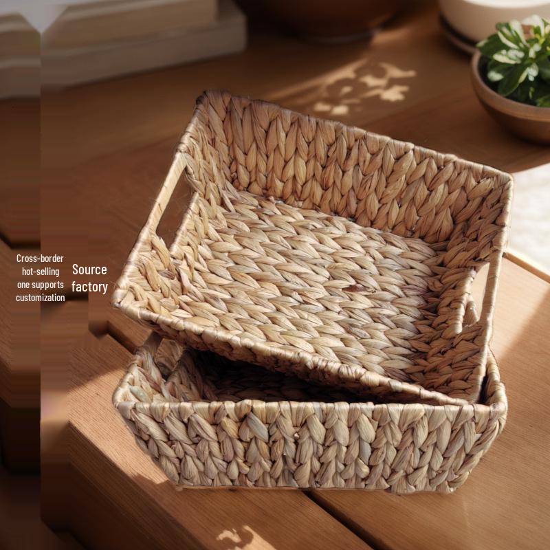 Handmade Water Hyacinth & Rattan Storage Basket for Kitchen, Bedroom, or Coffee Table