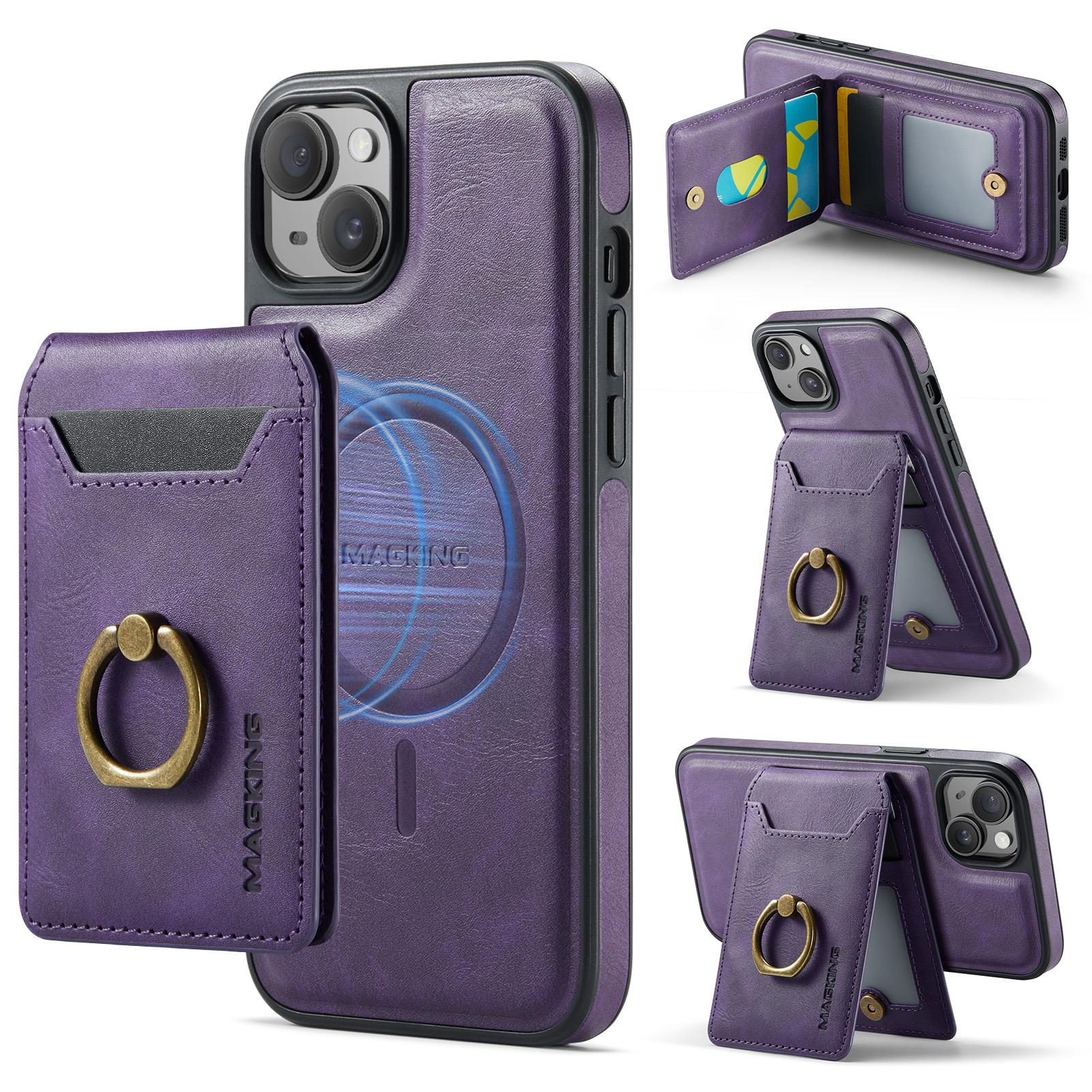 

For iPhone 13 Magnetic Case PC+TPU+PU Phone Cover with Card Holder Purple
