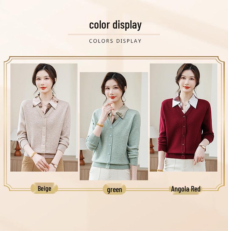 Women's Chiffon Lapel Knitwear Shirt - Long Sleeve, Middle-Aged & Elderly Spring/Autumn Fashion Base Layer Top