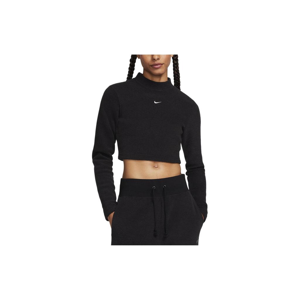 Nike Velvet Fleece-Lined Half-Zip Short Crop Long-Sleeve Casual T-Shirt Women Tops Black FN3620-010