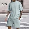 2Pcs/Set Men Sports Suit O-Neck Short Sleeve T-shirt Elastic Waist Wide Leg Shorts with Pockets Set Jacquard Texture Running Wear