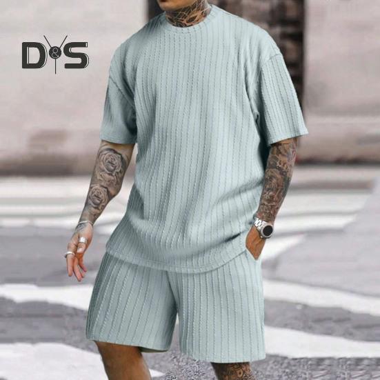 2Pcs/Set Men Sports Suit O-Neck Short Sleeve T-shirt Elastic Waist Wide Leg Shorts with Pockets Set Jacquard Texture Running Wear
