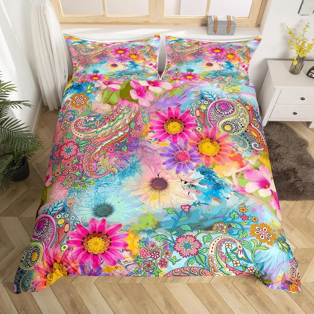 Rainbow Duvet Cover Set, Colorful Abstract Geometric Pattern with Shapes Rainbow, Decorative Bedding Set