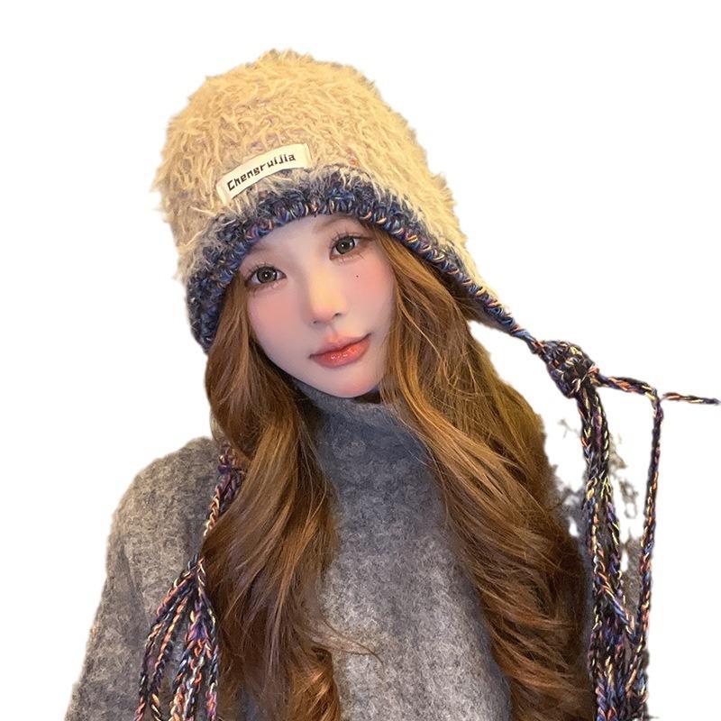 Women's Tassel Long Braid Plush Knitted Hat Face Showing Small Cold Warm Ear Protection Fashionable and Versatile Cold Hat