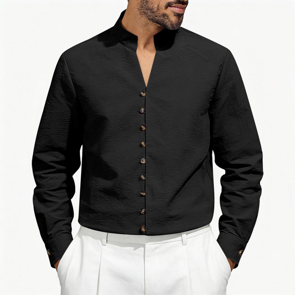 Men's Low Round Neck Tang Button Up Shirt Loose And Casual Jacket