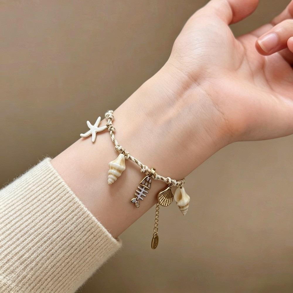 Waterproof Ocean Style Bracelet Stainless Steel Conch Shell Hand Chain Braided Rope Bangle Travel