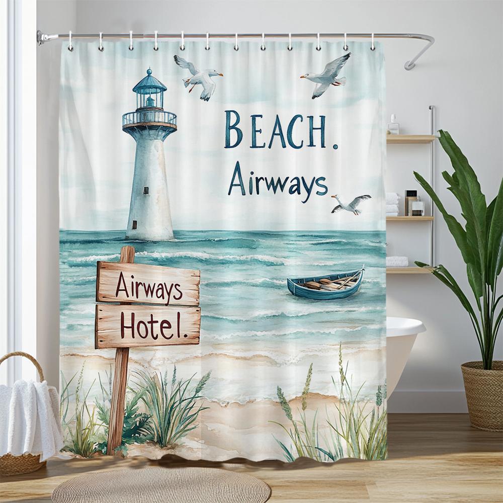 Blue Lighthouse Coastal Scenery Shower Curtain, Beach Ocean Sea Bathroom Decorative Shower Curtain, Home Curtain With Hooks
