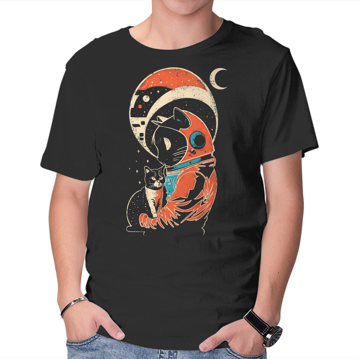 Unisex Crew Neck T-Shirt Astro Cat Graphic Short Sleeve Casual Tee XXXL