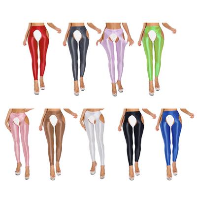 Sexy Hoge Taille Leggings voor Dames Glanzend Uitgesneden Design, Open Kruis Dij Uitgesneden Yoga Broek Stretchy Workout Skinny Broek