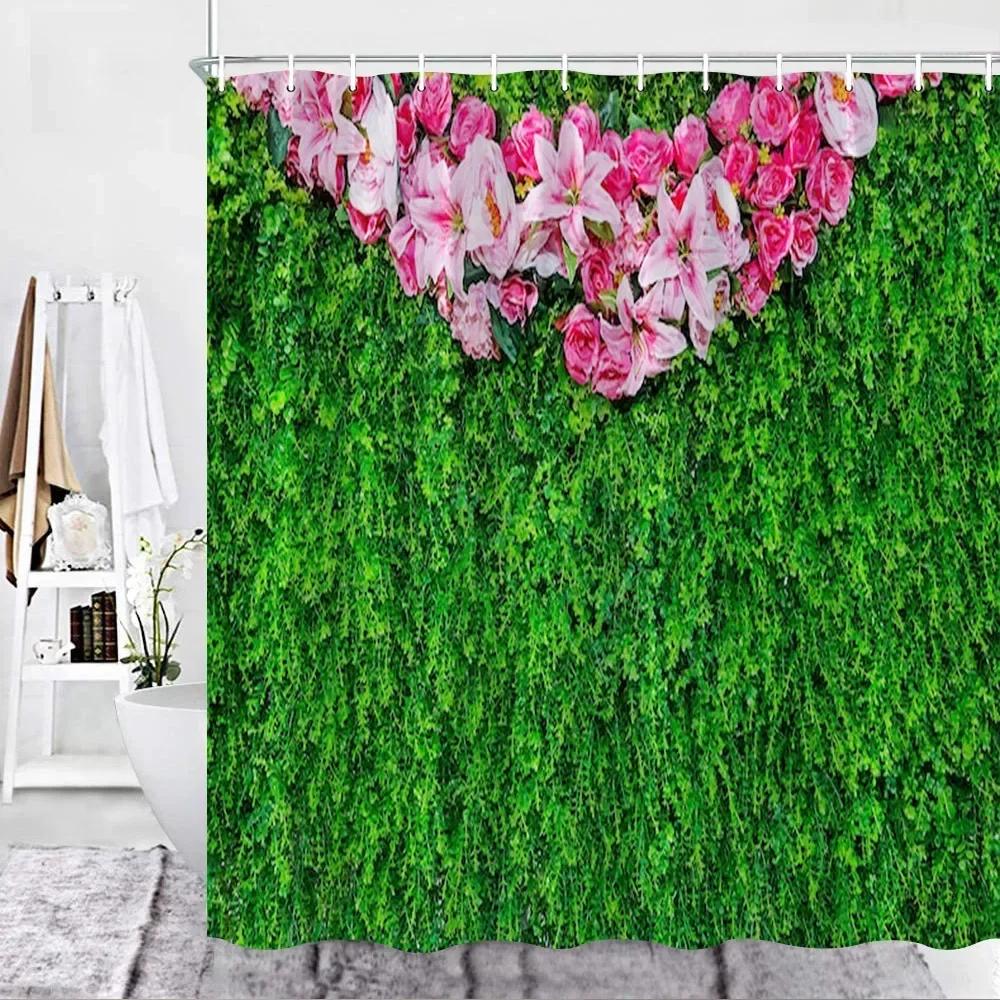 Outdoor Garden Shower Curtain Rose Flower Fence Spring Garden Nature Landscape Bathroom Shower Partition Decorative Curtain