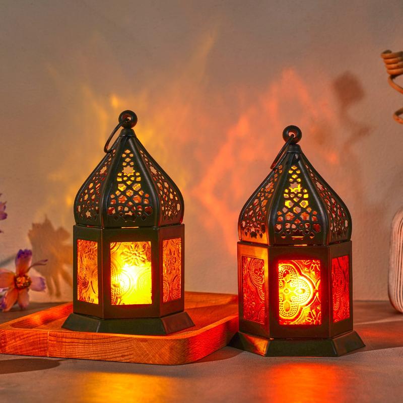 1 Pieza Candelabro Decorativo de Hierro Forjado Retro Europeo de Seis Caras con Vidrio de Color, Candelabro Colgante de Hierro Forjado a Prueba de Viento