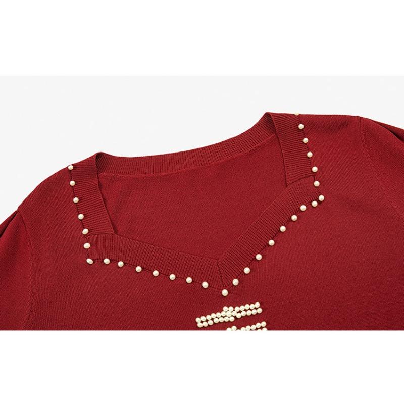 Plus Size T-shirt Women's Beaded Square Neck Blouse Spring Summer Loose Short-sleeved T-shirt Knitwear