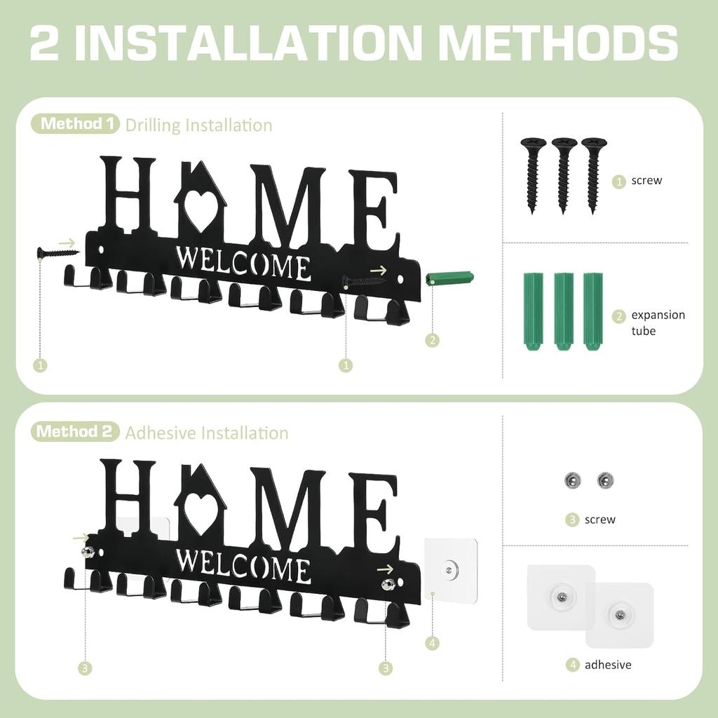 Key Holder Wall Mount, Adhesive Metal Key Hanger with 6 Double Hooks, 2 Tallation Methods, Black