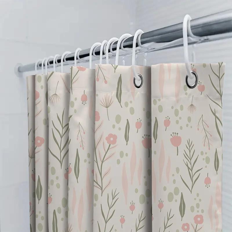 Elegant Floral Shower Curtain Pink Green Pattern For Bathroom Decor Modern Home Decoration Waterproof Fabric Shampoo Gel Storage