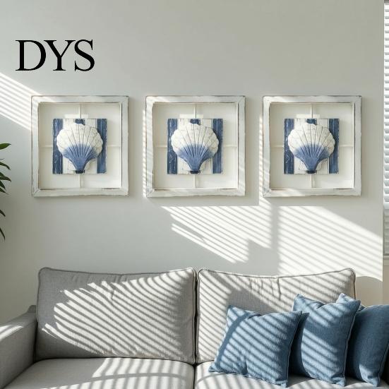 Small Beach House Ornaments 3D Conch/Starfish/Shell Wooden Frame Wall Art, Distressed Coastal Style Decoration, Seaside Theme Decorations Ocean