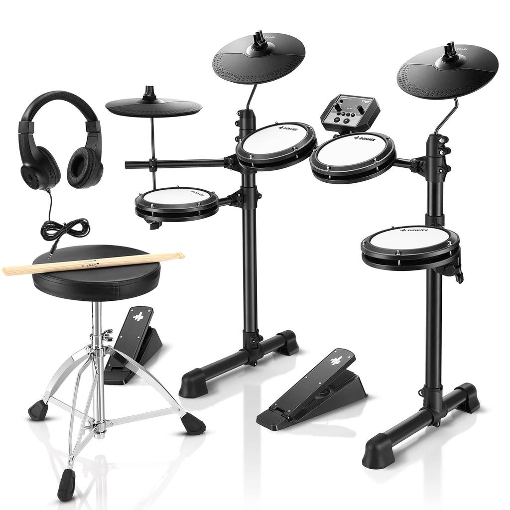 Donner DED-80 Electronic Drum Set, Mesh Design for Home Practice, Foldable, Compact, Includes Drum Throne, Sticks, Headphones, Audio Cable Holder,