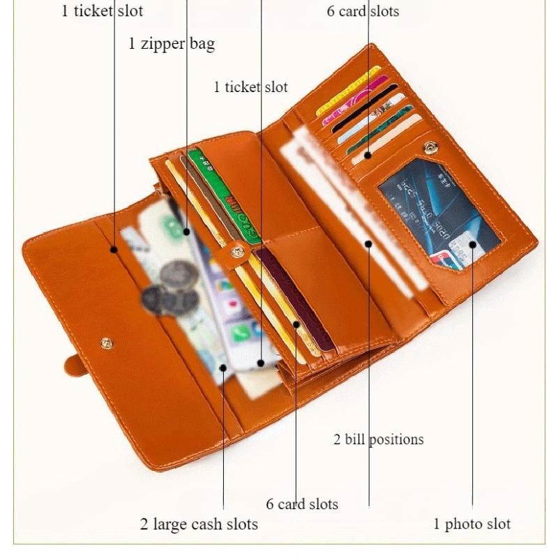 Pure leather three fold women's wallet, long buckle leather, cowhide, multi slot large capacity Korean version women's wallet, leather wallet