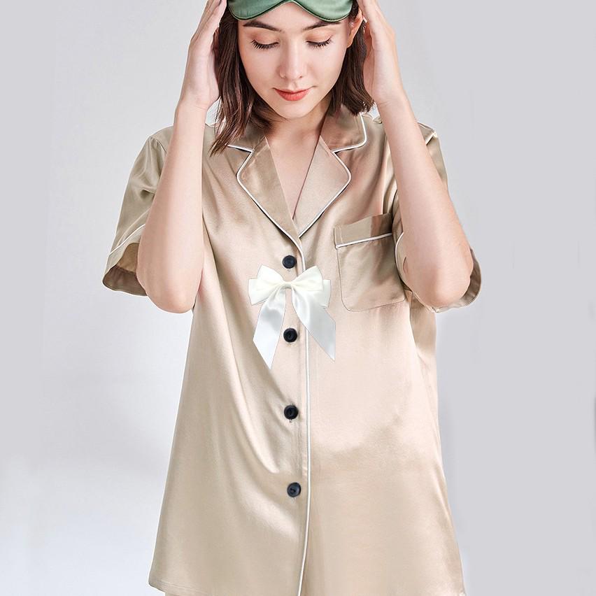 Girls' Imitation Silk Pajama Set - Short Sleeve Top & Long Pants, Lapel Design, Spring/Summer Homewear