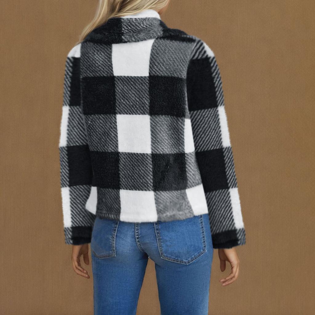 Ladies' Fashionable V Neck Long Sleeved Pocket Color Blocked Cardigan Flannel Warm Sleepwear Jacket