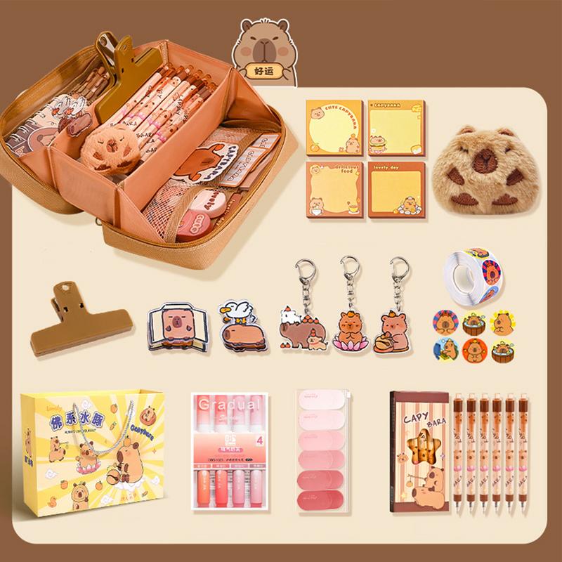 Capybara Stationery Set Cute Pencil Case With Stickers,Clips,Note pad,Plush Brooch, Highlighter Pencil,Storage Bag For Students