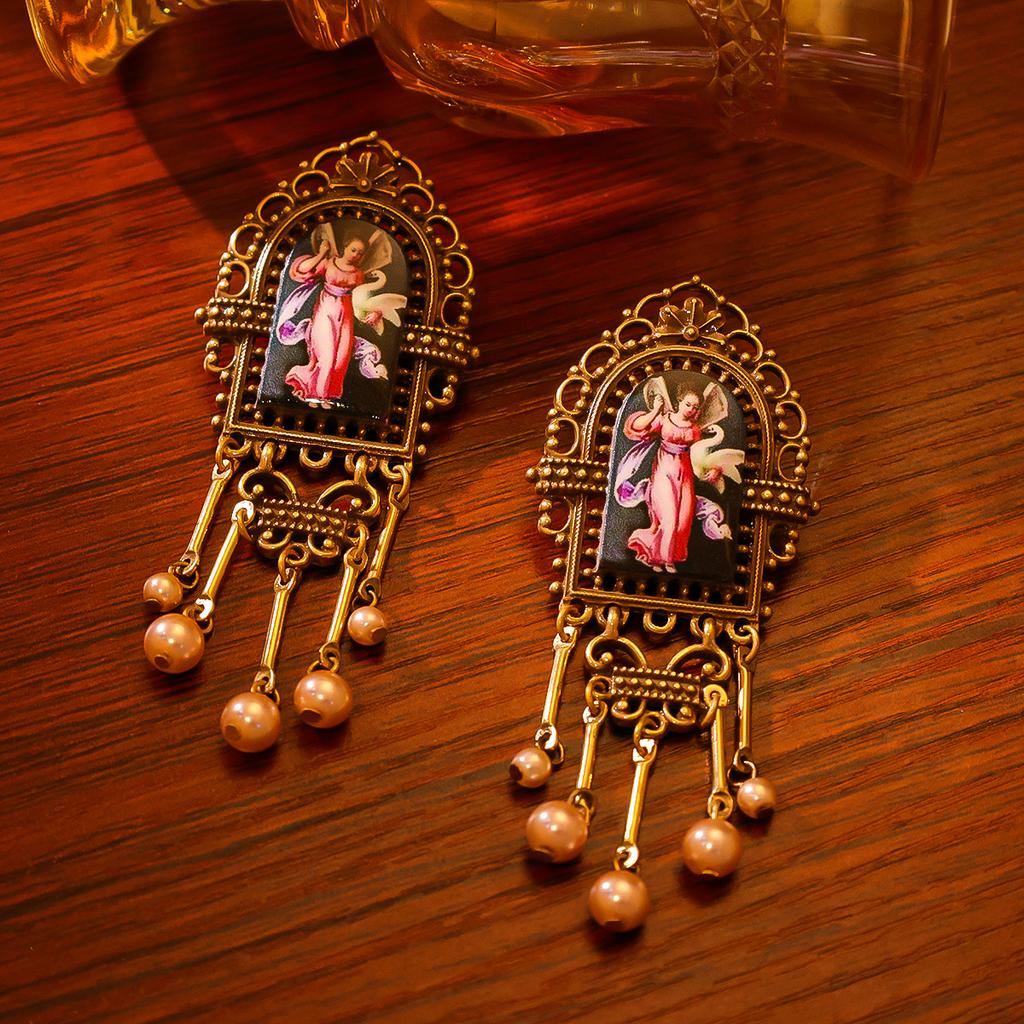 Medieval Retro Court Style Temperament Imitation Pearl Necklace Fringed Stud Earrings Replica Ethnic Style Earrings