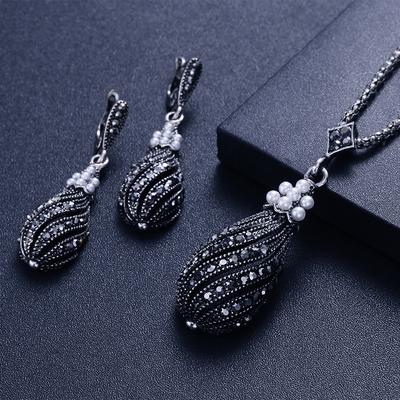 Frauen Schmuck Schwarz Strass Anhänger Faux Perle Tropfen Ohrring Halskette Mode Geschenke