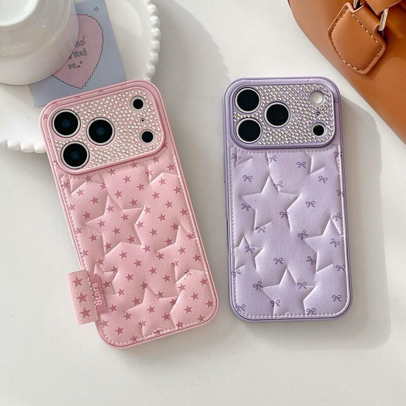Luxury PU Leather Phone Case With Rhinestone Star Design IPhone 15 16 17 Pro Max Anti-Scratch Drop Protection