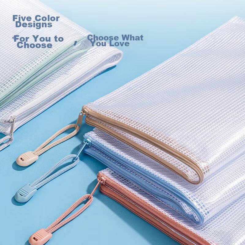 Deli 5 A4 File Folders with Mesh Zipper, Colorful Student Subject Classification Pouches, Morandi Color Series Mixed Colors 63483