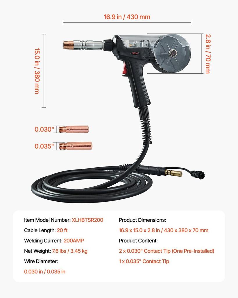 200Amp Spool Gun with 20FT Cable Compatible with Hobart lronMan 240 Welder