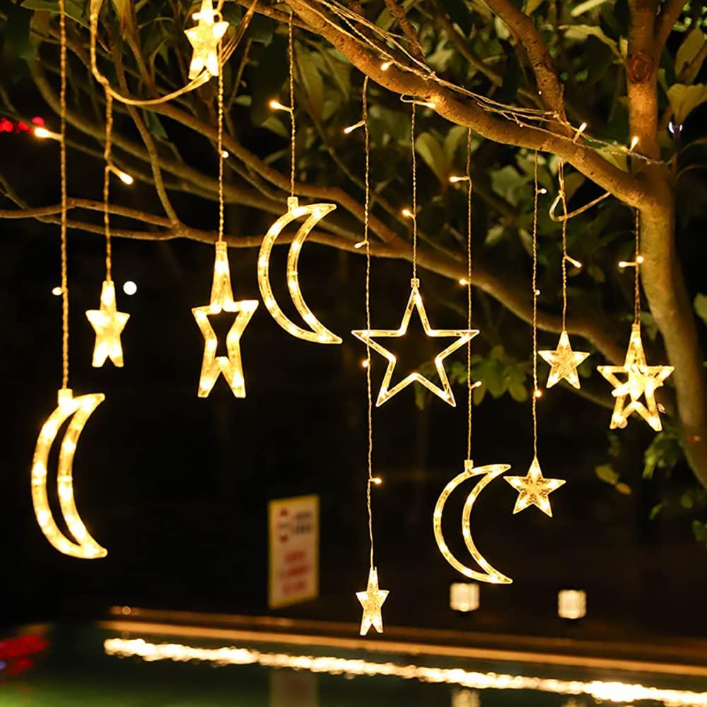 BQuel Star and Moon String Lights, 3.5m, 138 LEDs, USB Powered, 2-Way Power Supply, 8 Modes, Remote Control, Waterproof, Energy-Saving, IndoorOutdoor
