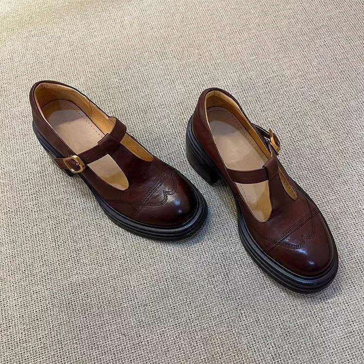 

2025 autumn new 5CM small thick-soled height increase Mary Jane loafers women s soft leather round head high-heeled single shoes 39 коричневый