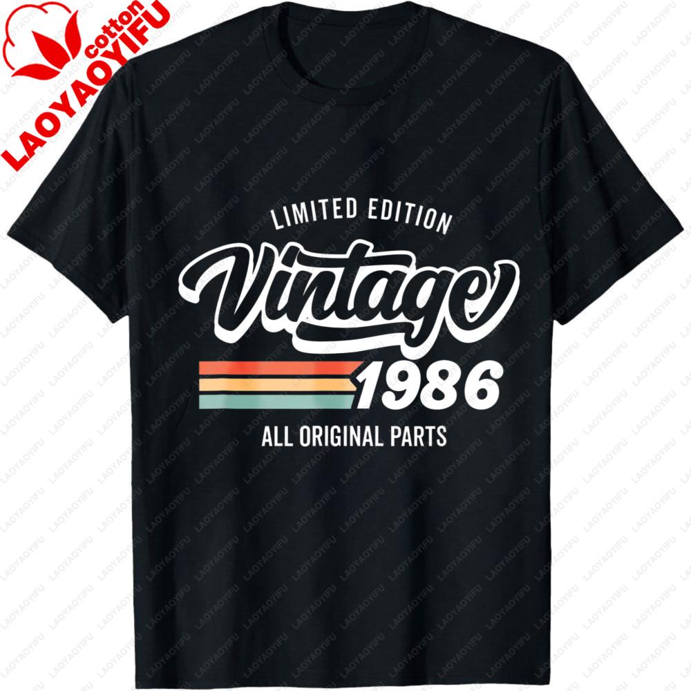Vintage 1986 TShirt Limited Edition All Original Parts Retro Birthday Gift Idea For Men Born In 1986 Classic Striped Graphic Tee