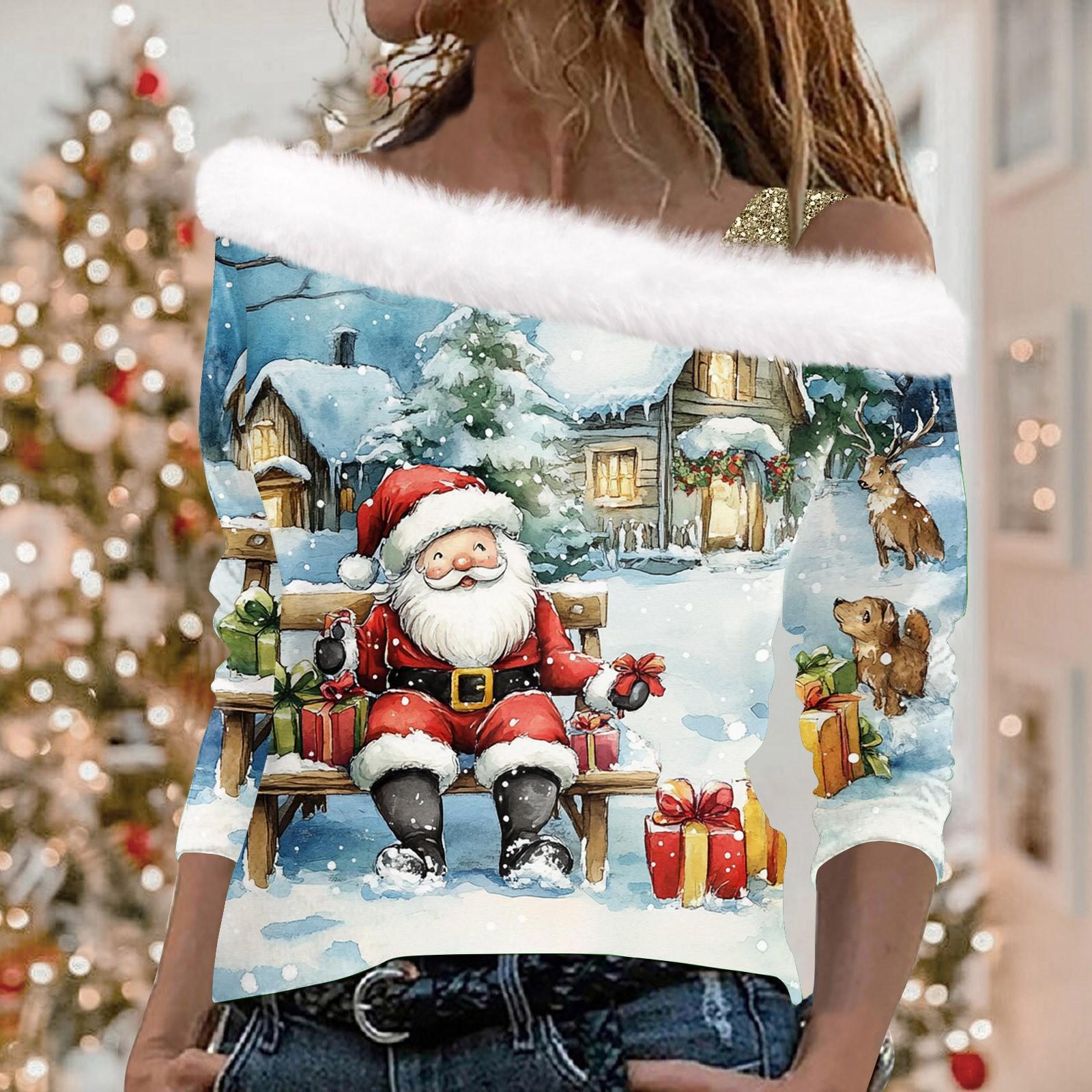 

Женский повседневный модный топ с длинными рукавами и открытыми плечами с рождественским принтом из плюша XL