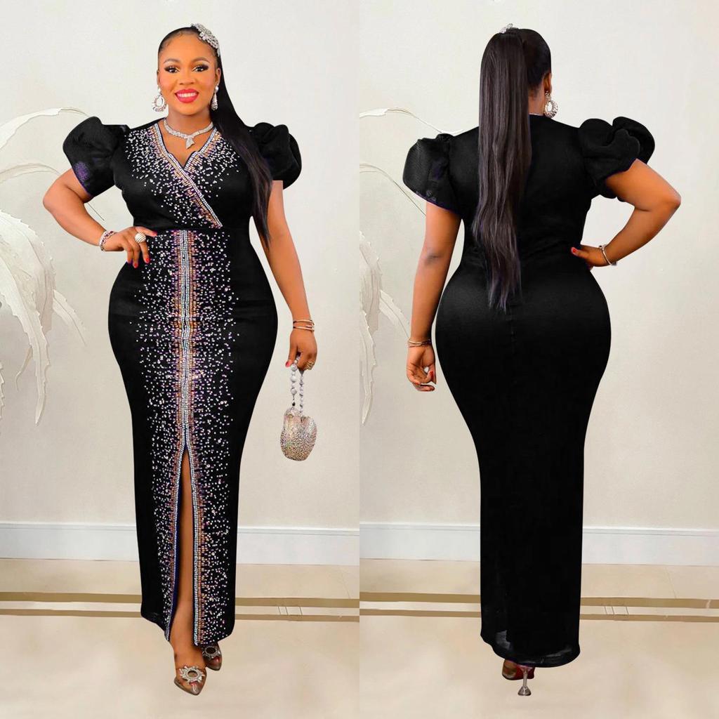 Damen Hot Drilling Puffärmel Elastischer V-Ausschnitt Langes Kleid - Europäische & Amerikanische Mode (C6500)