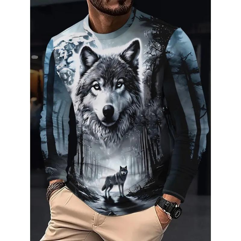 Herren Herbst und Winter 3D Tiger Wolf Print Rundhals Langarm T-Shirt