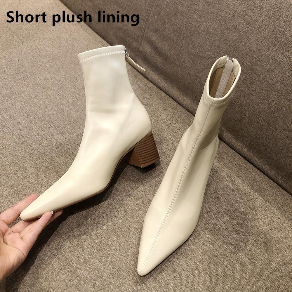 Autumn Winter Fashion Women Pointed Toe Yarn Elastic Ankle Boots Kid Suede Thick Heel Shoes Female Socks Boots Bota Femini