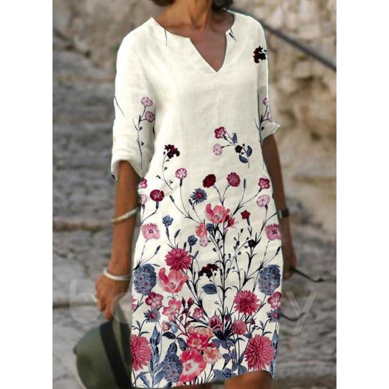 QICED Abiti Estivi Stampati Larghi in Fibra di Bambù Lino Floreale Manica Corta Donna Vintage Letterario Scollo O Manica a Cinque Punti